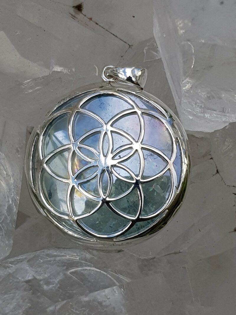 Seed of Life Pendant Aqua Aura set in Stirling silver