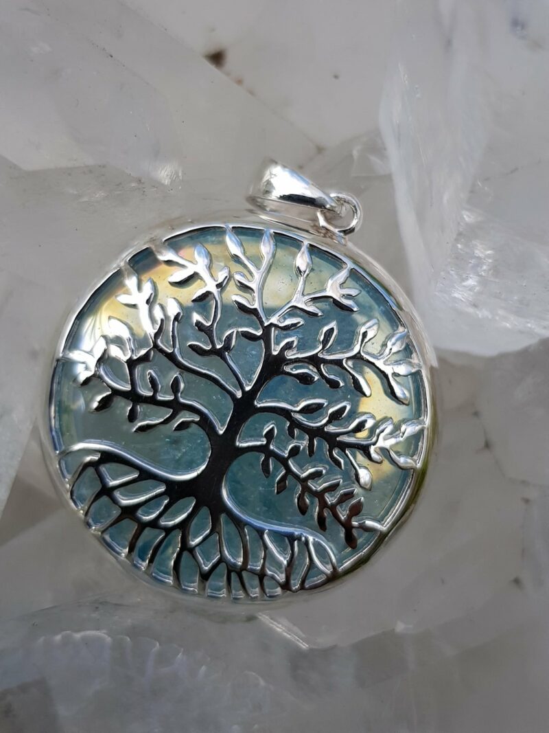 Tree of Life Pendant Aqua Aura set in Stirling Silver