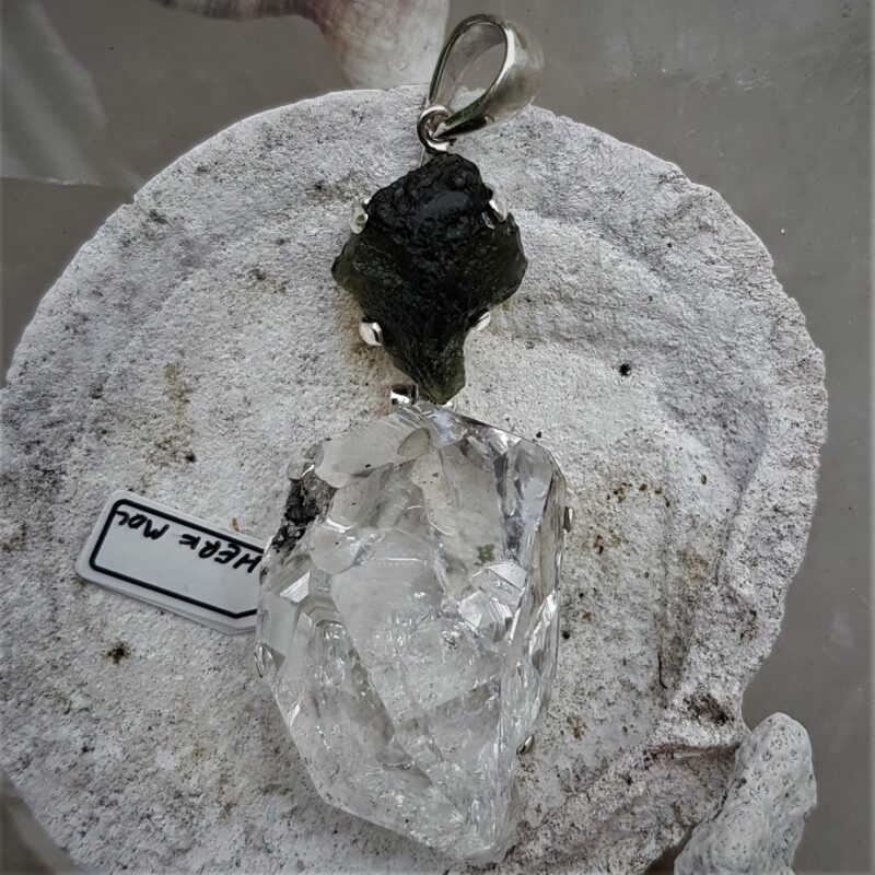 Magnificent Moldavite and Herkimer Diamond Pendant Set in Stirling Silver
