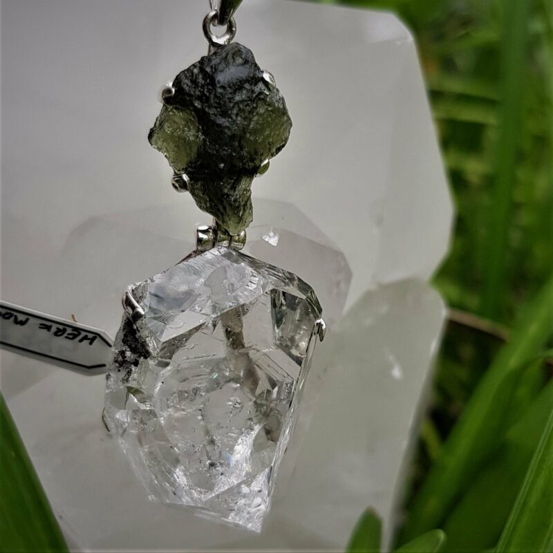 Magnificent Moldavite and Herkimer Diamond Pendant Set in Stirling Silver