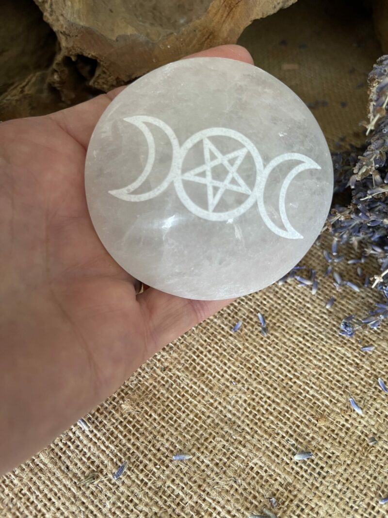 Selenite palm stone, flower of life, chakra, metatrons cube, star of david, goddess, triple moon