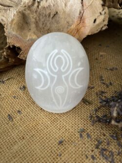 Selenite palm stone, flower of life, chakra, metatrons cube, star of david, goddess, triple moon