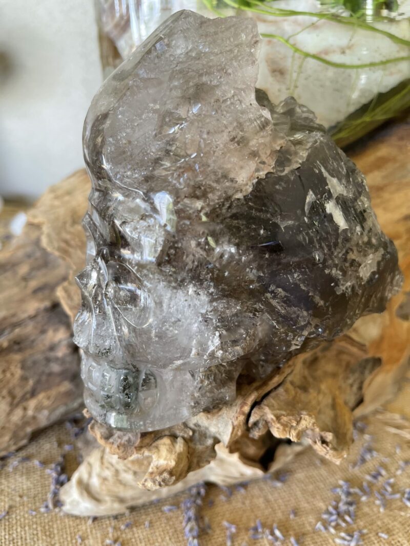 Hand carved ancient elestial smokey quartz skull