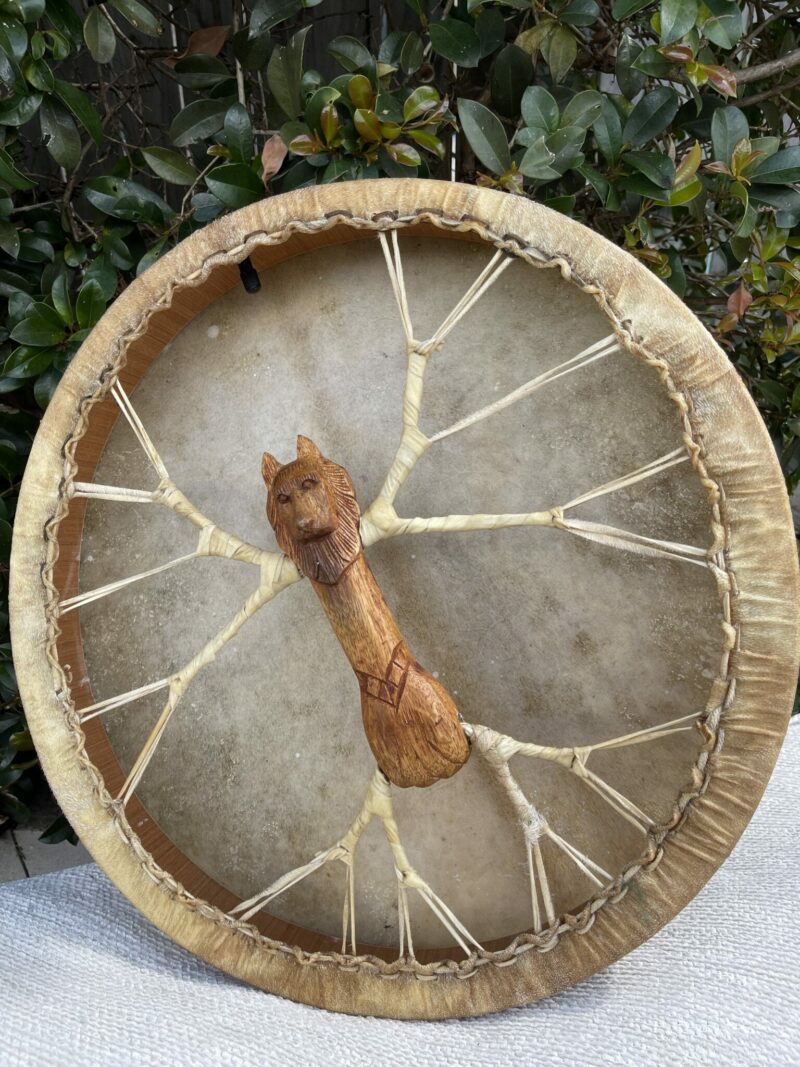 shamanic air pump drum with lion carved handle and goat skin. thecrystalcave.com.au