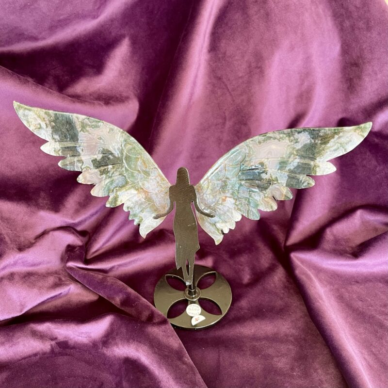 Moss Agate Angel with Wings on Stand