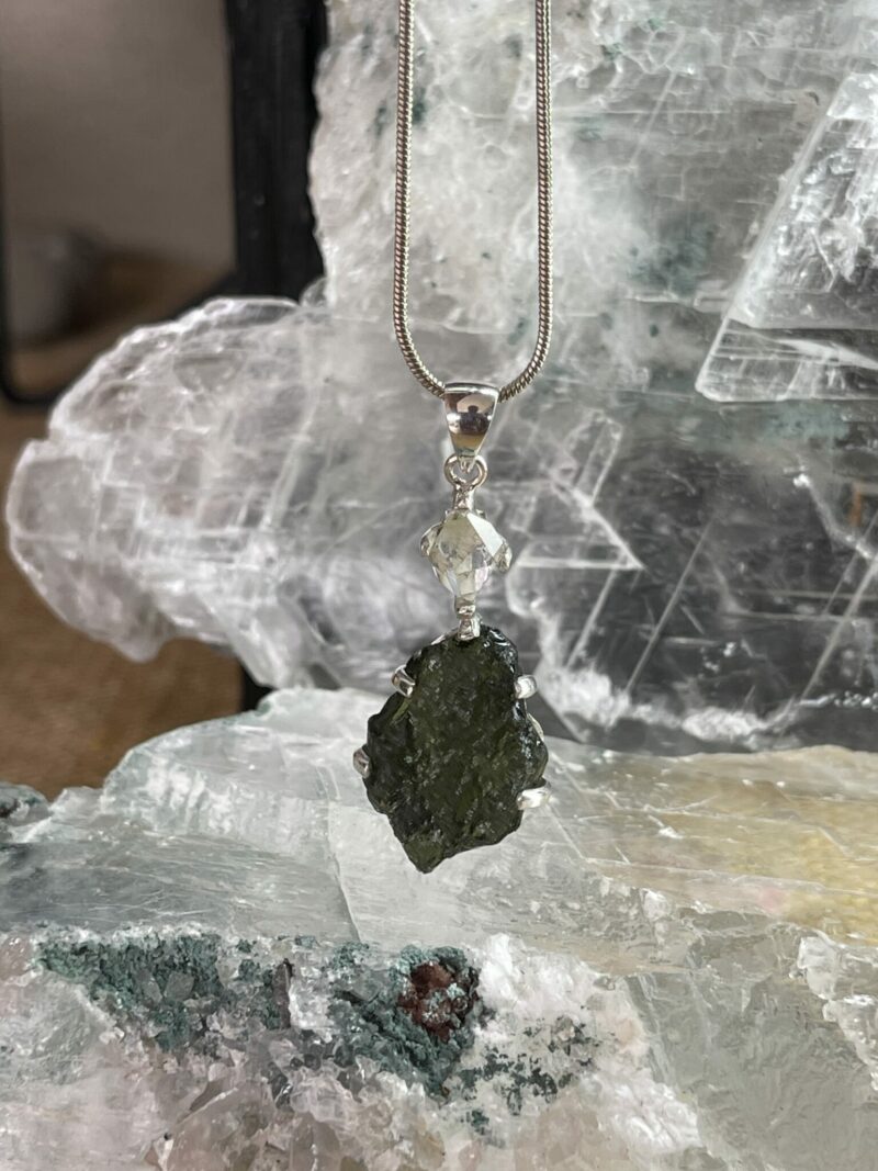 this is magnificent moldavite with herkimer diamond silver pendant thecrystalcave.com.au