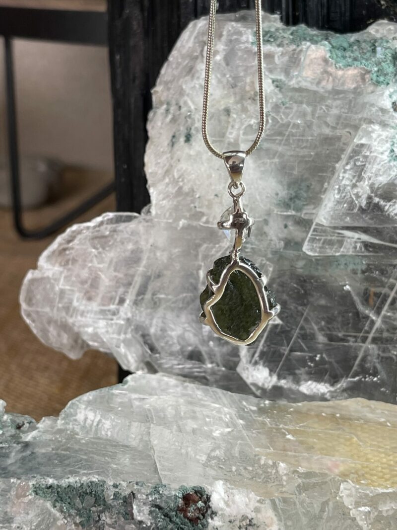 this is magnificent moldavite with herkimer diamond silver pendant thecrystalcave.com.au