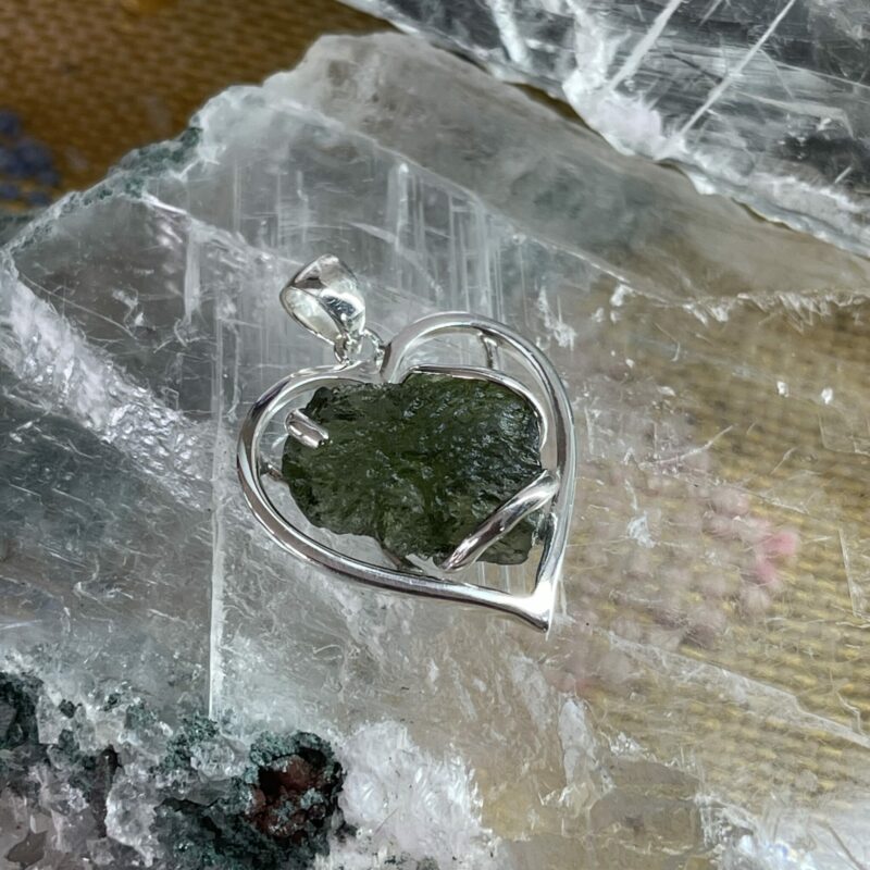 This is a magnificent moldavite pendant set in heart shaped 927 stirling silver thecrysalcave.com.au