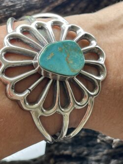 traditional Navajo sterling silver turquoise flower cuff