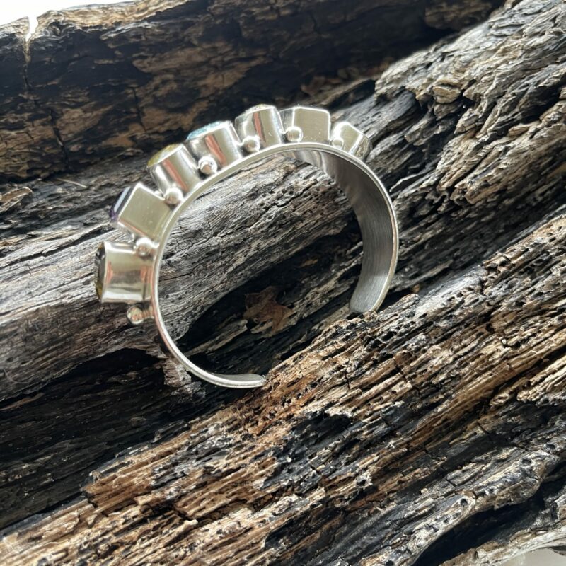 Navajo Sterling Silver Hand made cuff with line semi precious stones