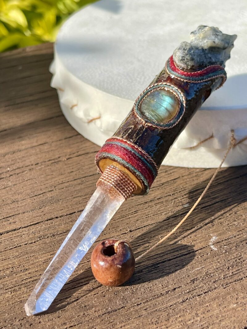 This is a powerful talisman of protection with black tourmaline, labradorite and blade of light quartz