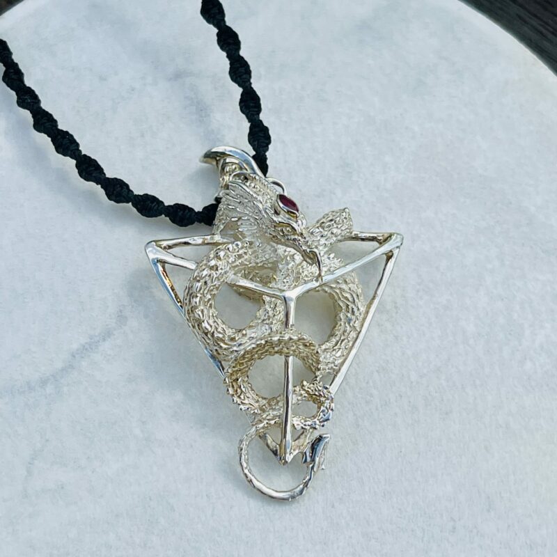 This is Tetrahedron sacred geometry silver ruby dragon necklace