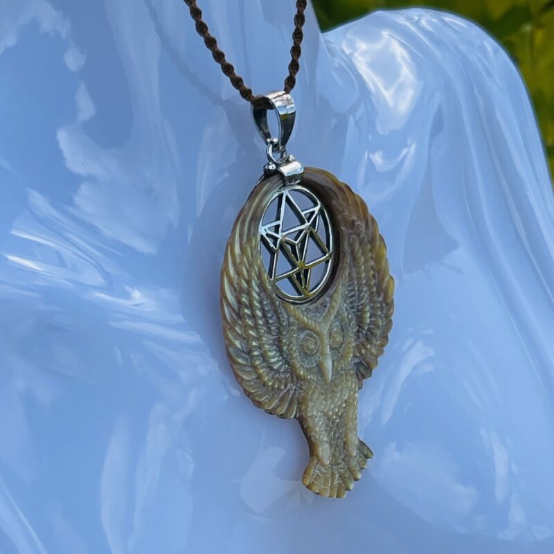 This is tantric start owl wisdom hand carved mother of pearl shell pendant