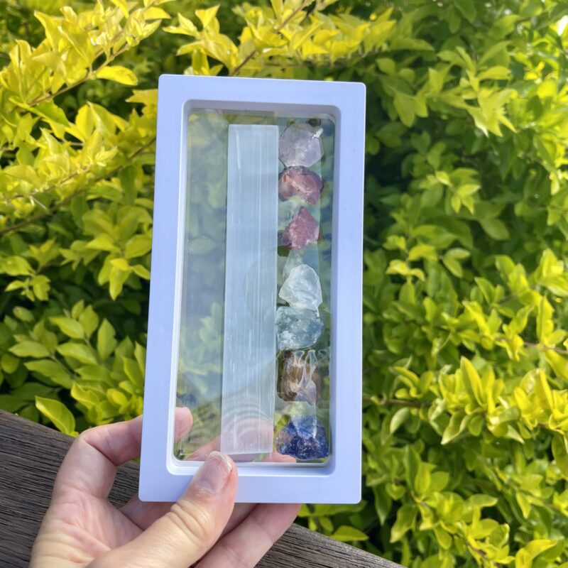 This is Boxed Selenite Stick with 7 Raw Chakra Crystals