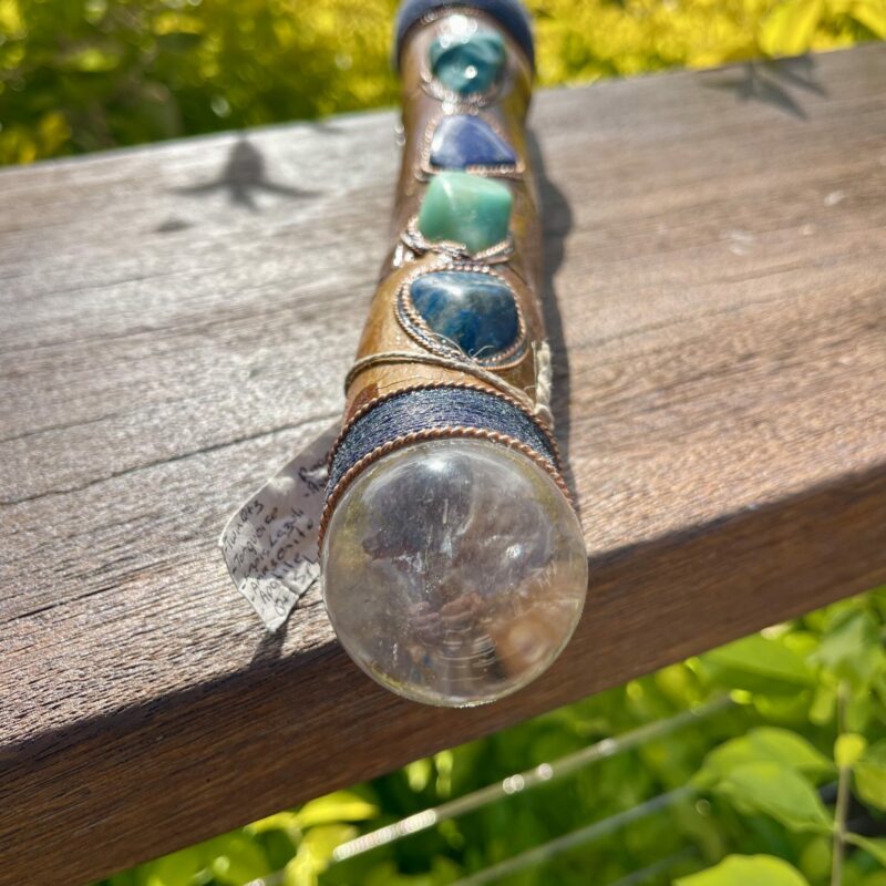 This is Sacred Power Ceremonial Talking Stick with twin clear quartz point, sphere, turquoise, amazonite, apatite, laspi lazuli and aquamarine crystals