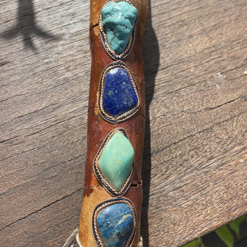 This is Sacred Power Ceremonial Talking Stick with twin clear quartz point, sphere, turquoise, amazonite, apatite, laspi lazuli and aquamarine crystals