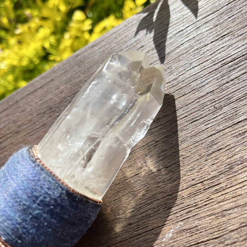 This is Sacred Power Ceremonial Talking Stick with twin clear quartz point, sphere, turquoise, amazonite, apatite, laspi lazuli and aquamarine crystals