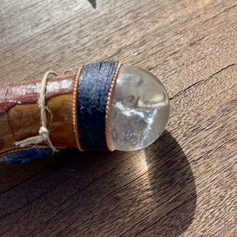This is Sacred Power Ceremonial Talking Stick with twin clear quartz point, sphere, turquoise, amazonite, apatite, laspi lazuli and aquamarine crystals