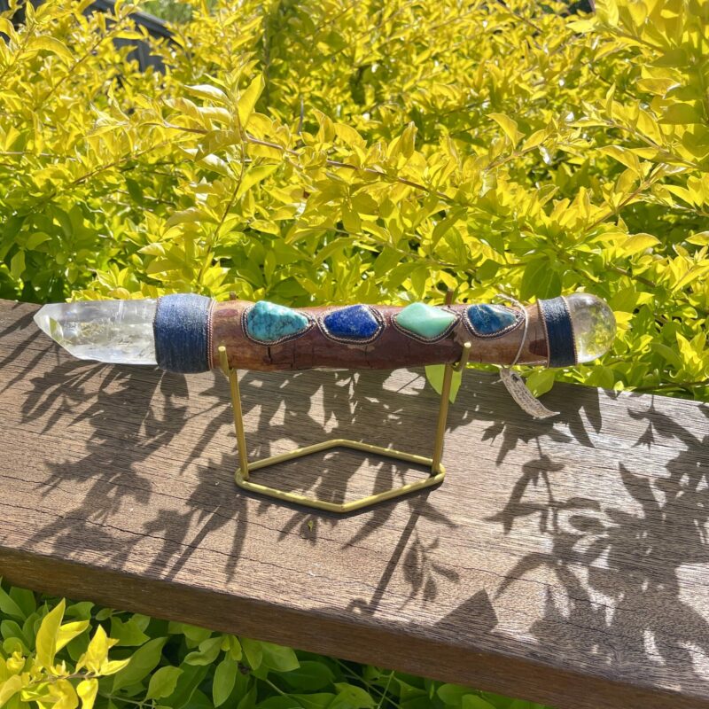 This is Sacred Power Ceremonial Talking Stick with twin clear quartz point, sphere, turquoise, amazonite, apatite, laspi lazuli and aquamarine crystals