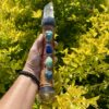 This is Sacred Power Ceremonial Talking Stick with twin clear quartz point, sphere, turquoise, amazonite, apatite, laspi lazuli and aquamarine crystals