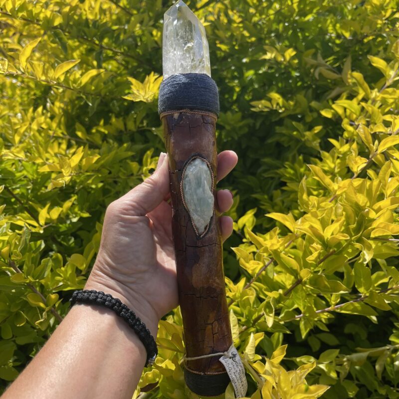 This is Sacred Power Ceremonial Talking Stick with twin clear quartz point, sphere, turquoise, amazonite, apatite, laspi lazuli and aquamarine crystals