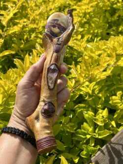 This is Shamanic Way Mookaite Talking Stick with calcite, amethyst, ruby and garnet stones