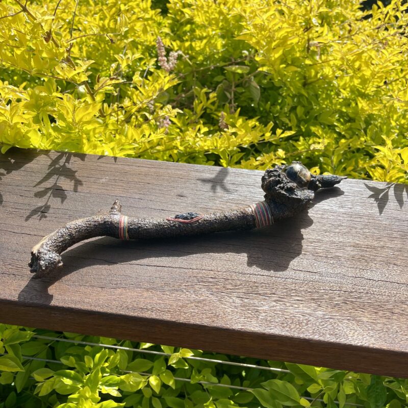 This is Magician Creed Talking Stick with rainbow hematite and mystical rainbow smokey sphere