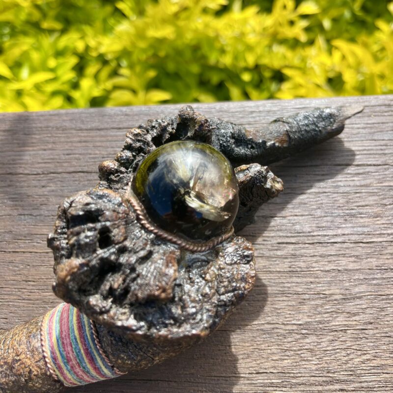 This is Magician Creed Talking Stick with rainbow hematite and mystical rainbow smokey sphere