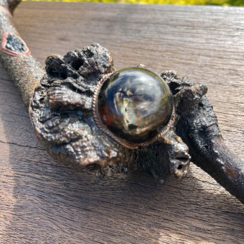 This is Magician Creed Talking Stick with rainbow hematite and mystical rainbow smokey sphere