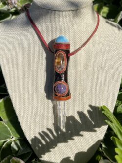 This is Talisman of Peaceful Warrior with Larimar Sphere, Citrine, chariote and lumerian blade of light point