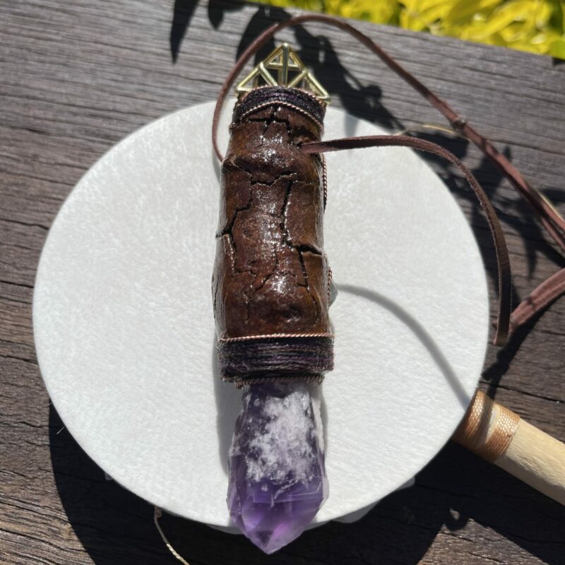 This is Talisman of Confident Deep Heart Connection with amethyst, mexican fire opal, shattuchite, brass merkabah