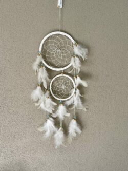 White with Blue and Wood Beads Dreamcatcher