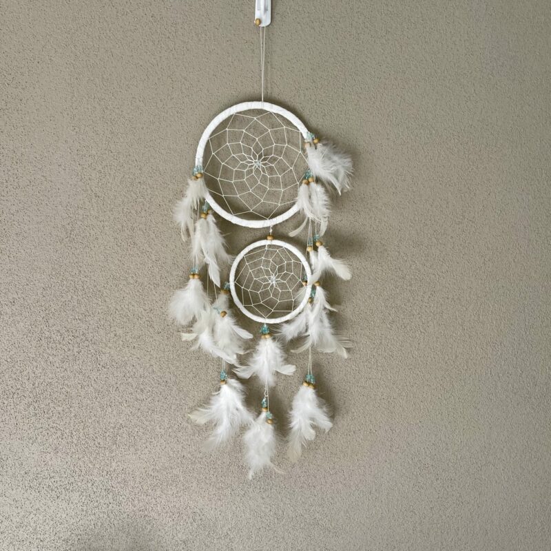 White with Blue and Wood Beads Dreamcatcher