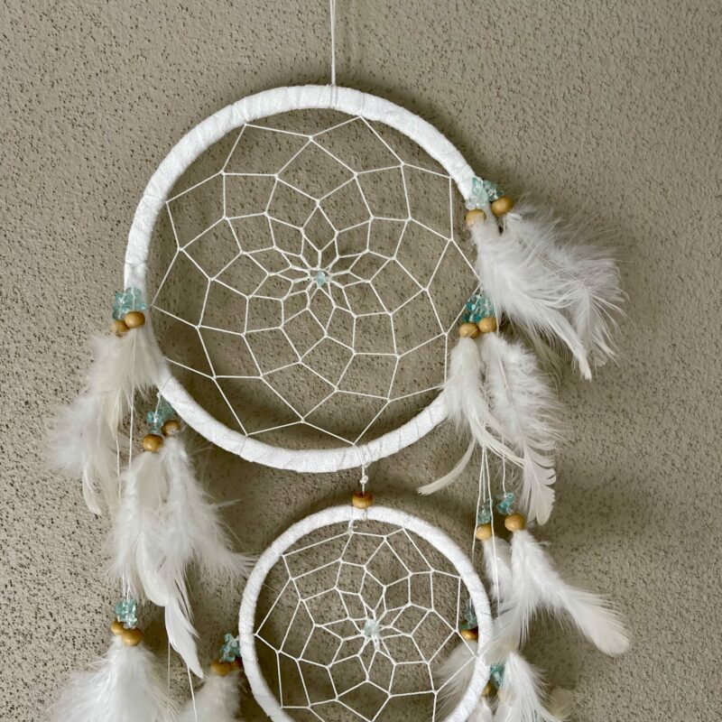 White with Blue and Wood Beads Dreamcatcher