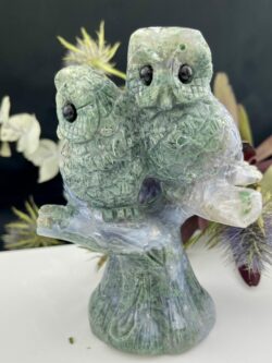 Moss Agate Twin Owl Carving - A Whimsical Wonder!