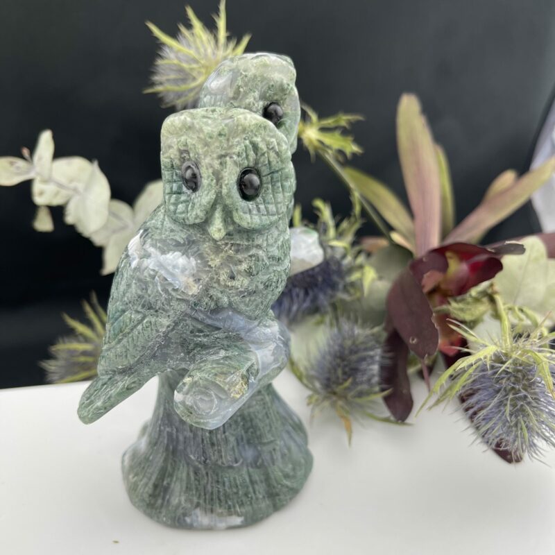 Moss Agate Twin Owl Carving - A Whimsical Wonder!