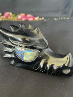This is Black Obsidian Dragon Carving with Labradorite Eyes
