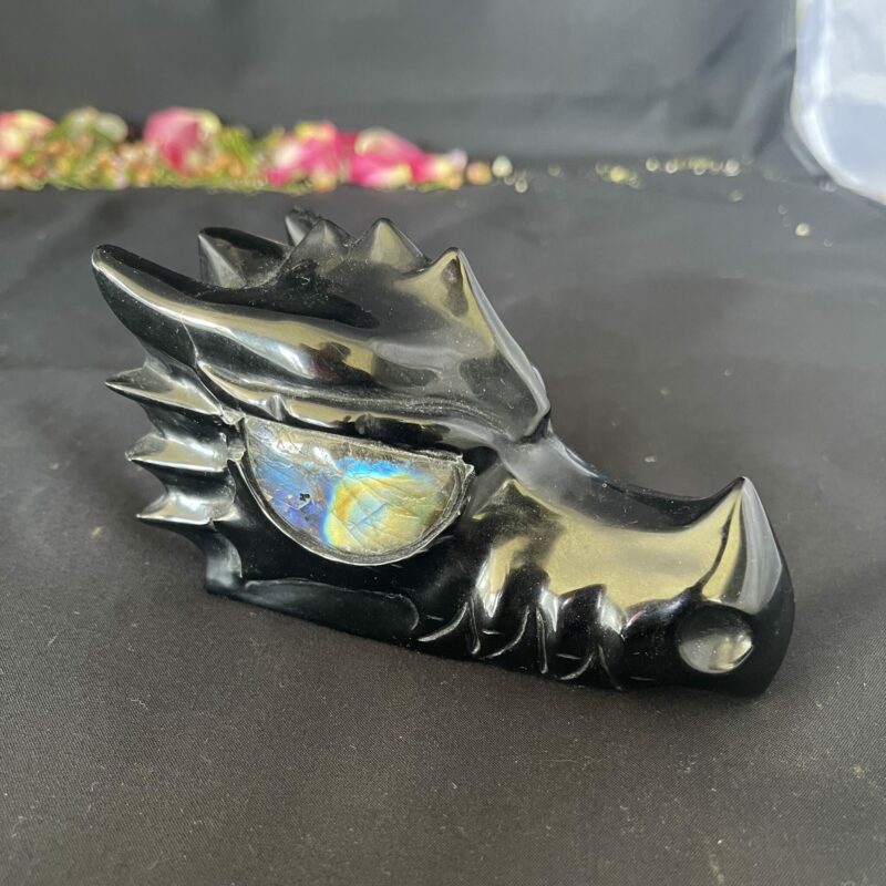 This is Black Obsidian Dragon Carving with Labradorite Eyes