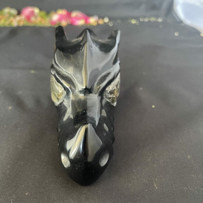 This is Black Obsidian Dragon Carving with Labradorite Eyes