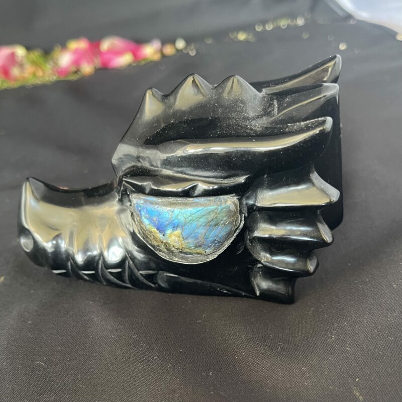 This is Black Obsidian Dragon Carving with Labradorite Eyes