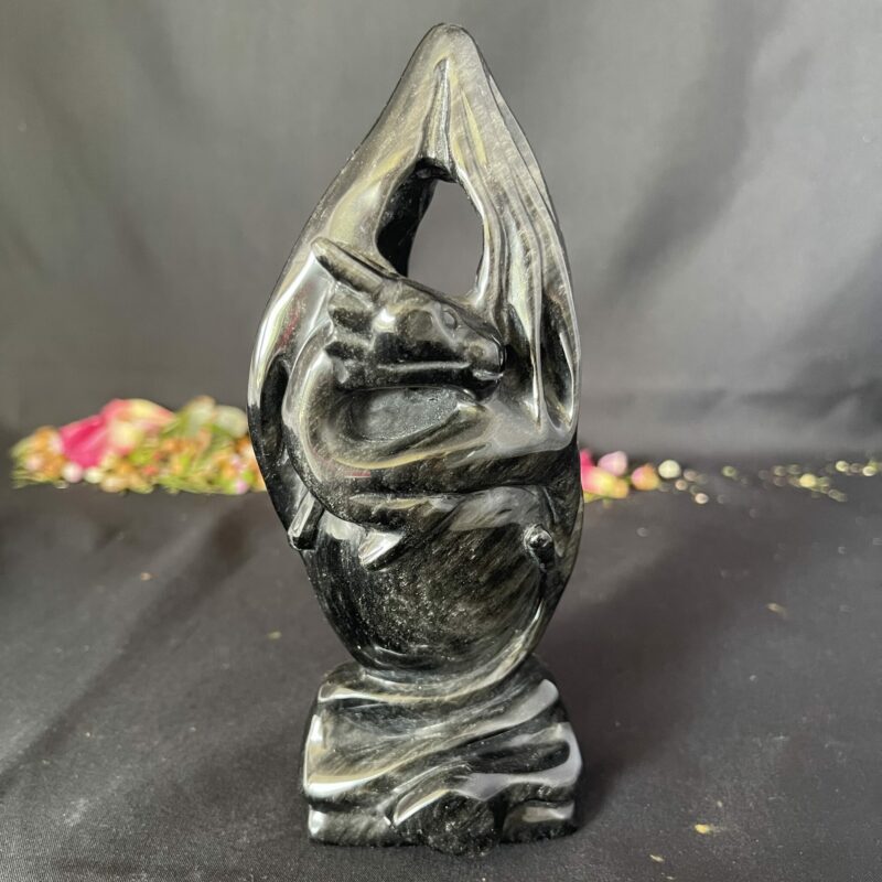 This is Black Obsidian Winged Dragon Carving