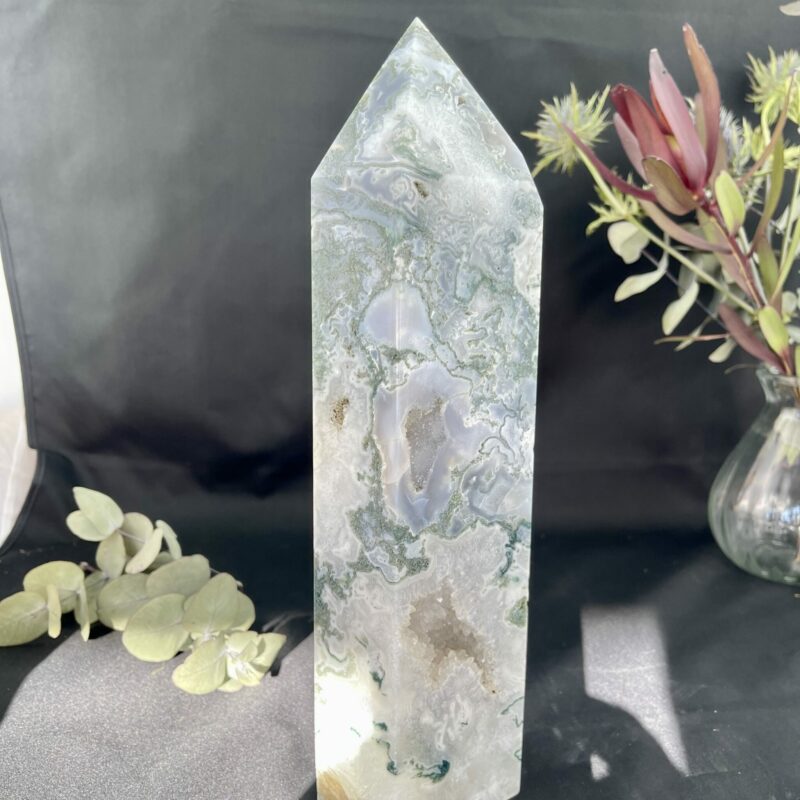 Moss Agate Tower with Druzy