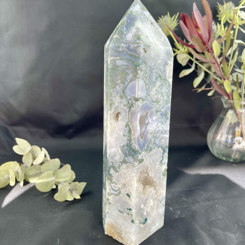 Moss Agate Tower with Druzy