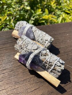 this is 2-Pack Smudge Combo: White Sage, Palo Santo Stick, and Raw Rainbow Fluorite for Cleansing, Balance, and Spiritual Protection