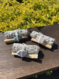 This is 3-Pack Smudge Combo: Palo Santo, Sage, Rose Quartz, Howlite, and Apatite for Cleansing, Healing, and Emotional Balance