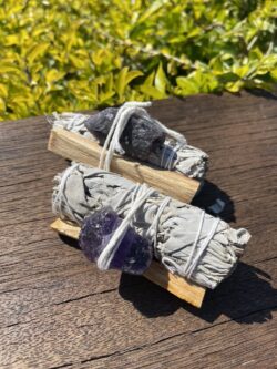 This is 2-Pack Smudge Combo: White Sage, Palo Santo Stick, and Amethyst for Spiritual Cleansing, Protection, and Emotional Healing