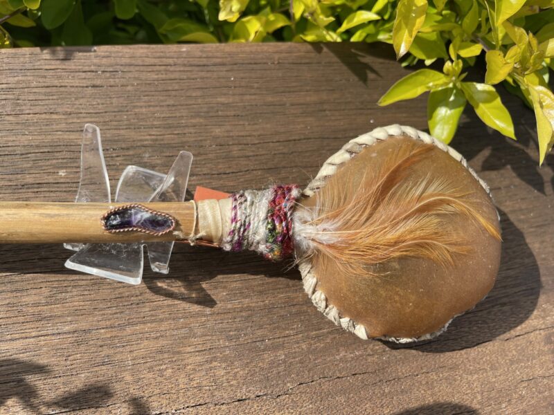 THIS IS Ceremonial Goat Hide Rattle with Amethyst (30cm)