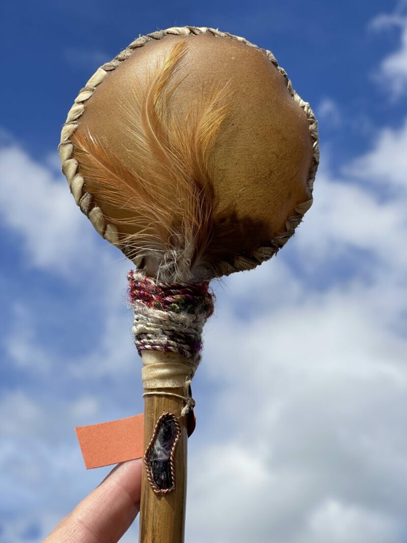 THIS IS Ceremonial Goat Hide Rattle with Amethyst (30cm)