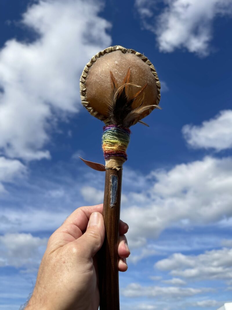 This is Ceremonial Goat Hide Rattle with Blue Kyanite (30cm)