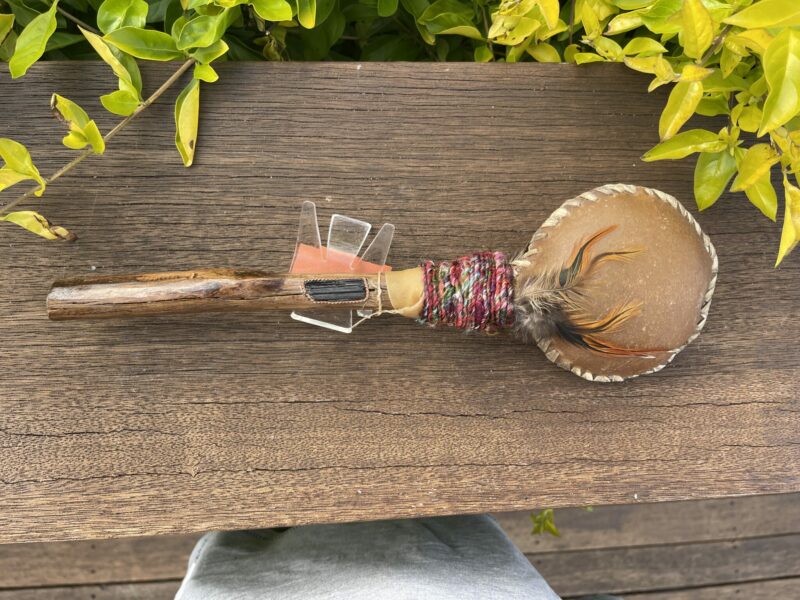 This is Ceremonial Goat Hide Rattle with Black Tourmaline (30cm)